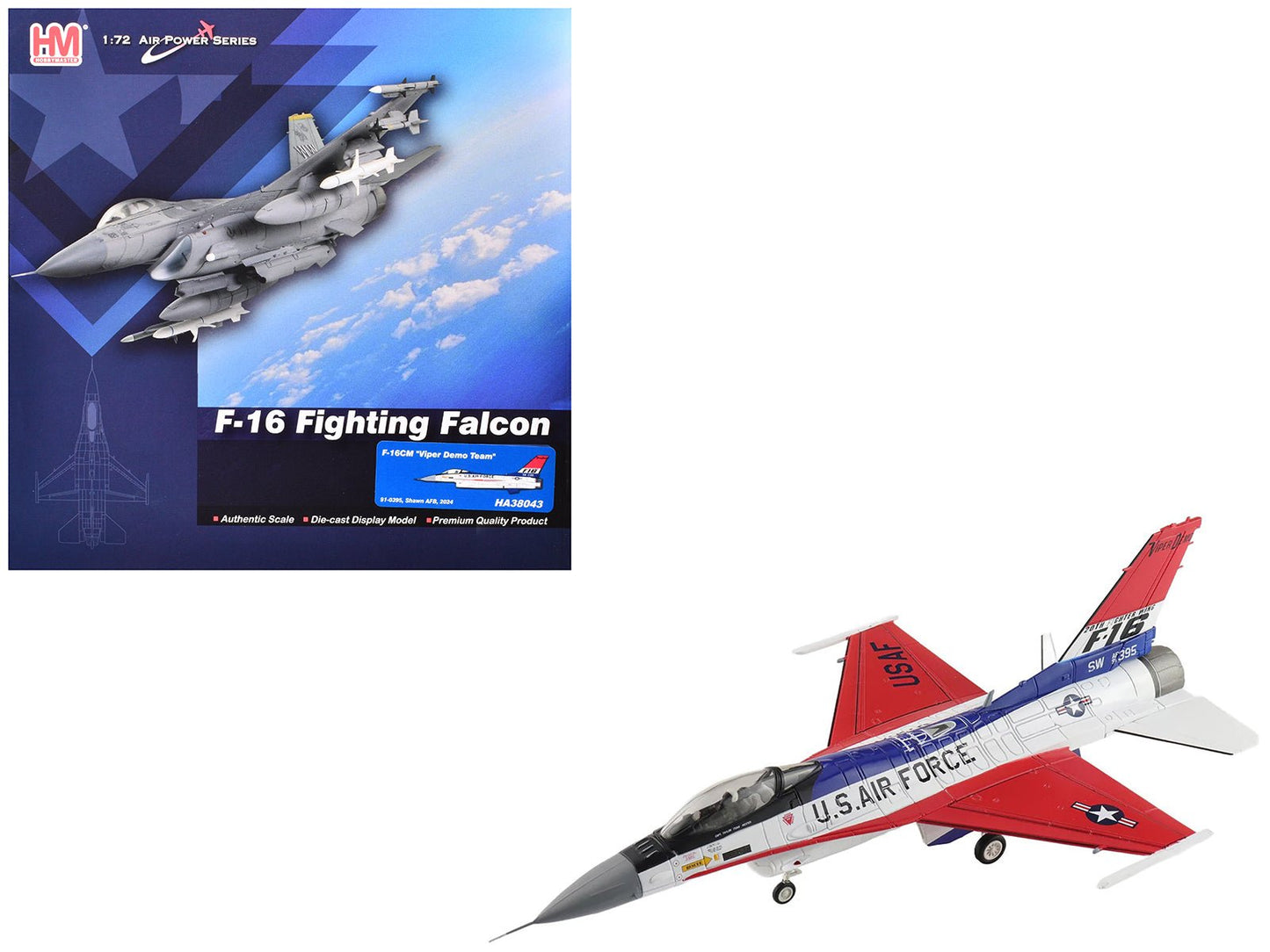 Lockheed F-16CM Fighting Falcon Fighter Aircraft "91-0395 Viper Demo Shaw Air Force Base" (2024) United States Air Force "Air Power Series" 1/72 Diecast Model by Hobby Master free shipping USA