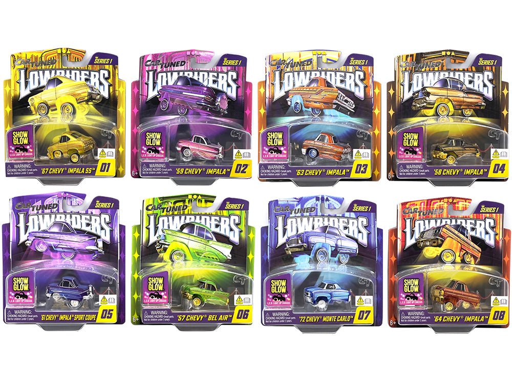 "Lowriders Show Glow" Series 1 Set of 8 Pieces Diecast Model Cars by CarTuned free shipping USA