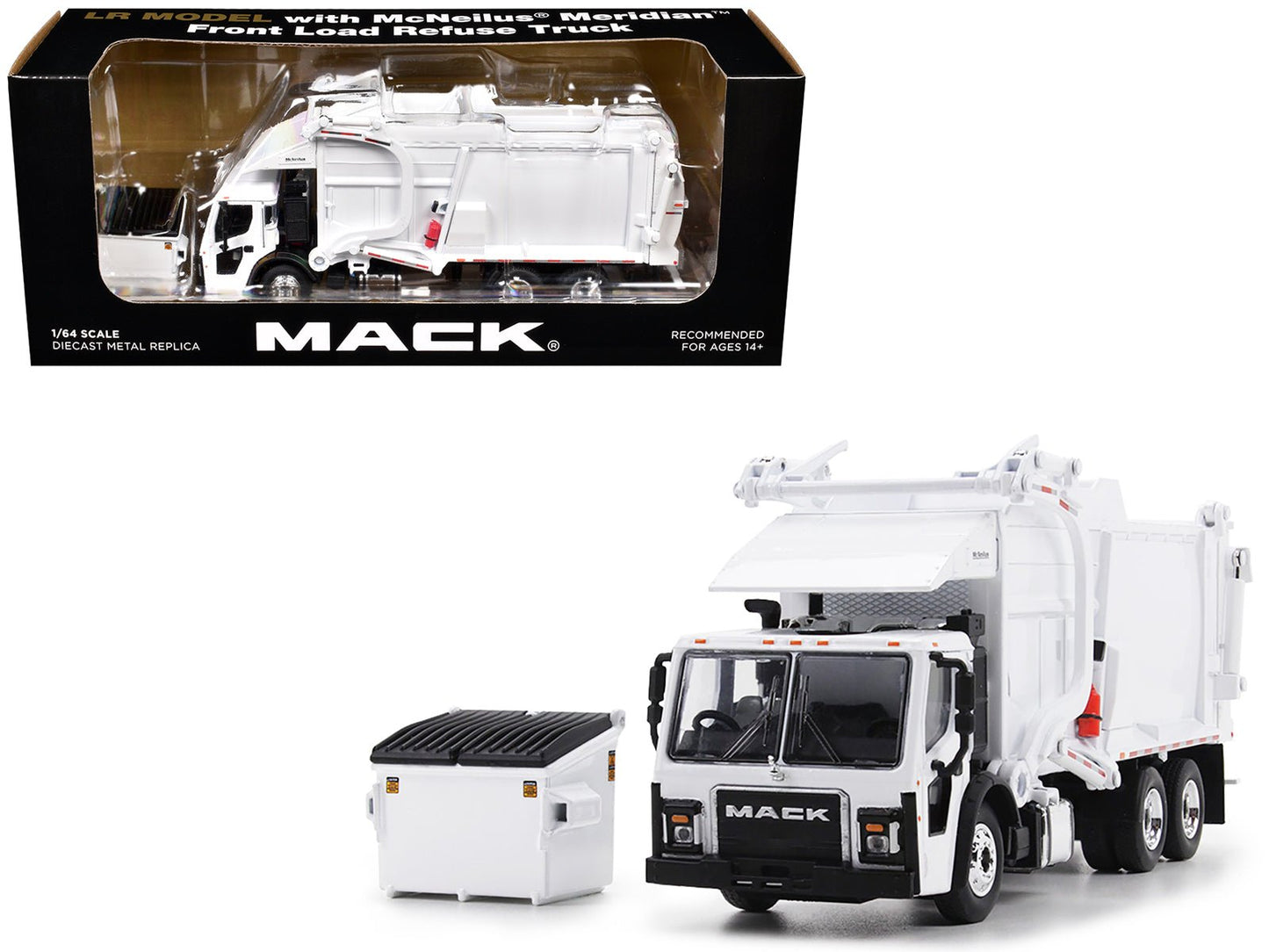 Mack LR Refuse Garbage Truck with McNeilus Meridian Front Loader White with Trash Bin 1/64 Diecast Model by DCP/First Gear free shipping USA