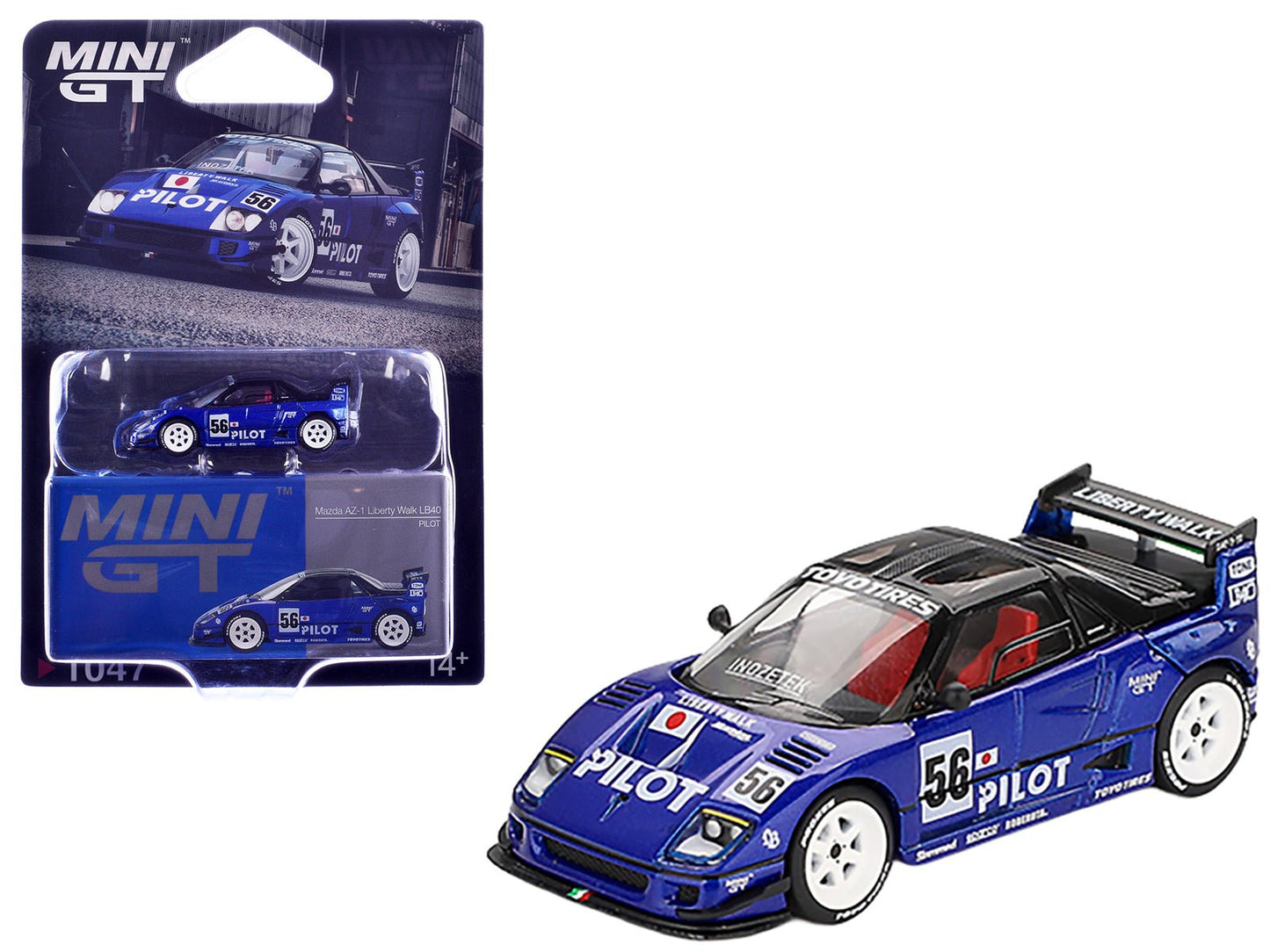 Mazda AZ-1 Liberty Walk LB40 RHD (Right Hand Drive) #56 "PILOT" Blue Metallic with Black Top Limited Edition 1/64 Diecast Model Car by Mini GT free shipping USA