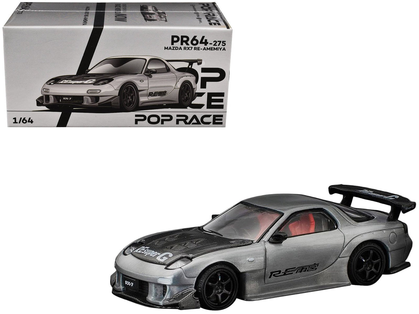 Mazda RX-7 RE-Amemiya RHD (Right Hand Drive) Silver Metallic with Carbon Hood "Japan Minicar a Gogo Exclusive" 1/64 Diecast Model Car by Pop Race free shipping USA