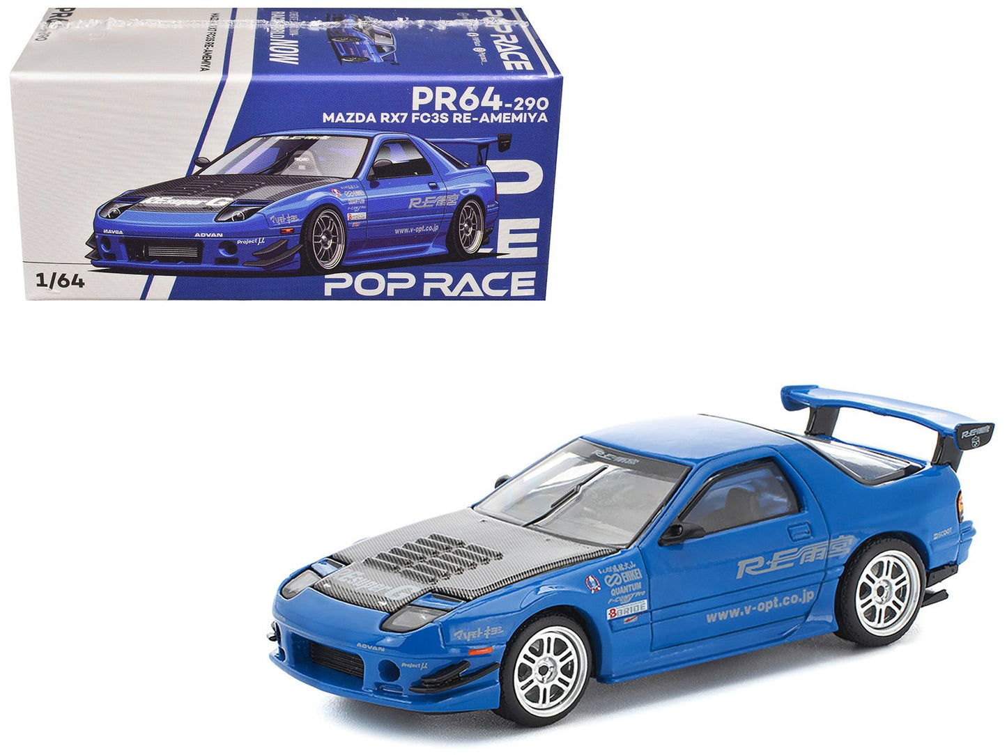 Mazda RX7 (FC3S) RE Amemiya RHD (Right Hand Drive) Blue Metallic with Carbon Hood 1/64 Diecast Model Car by Pop Race free shipping USA