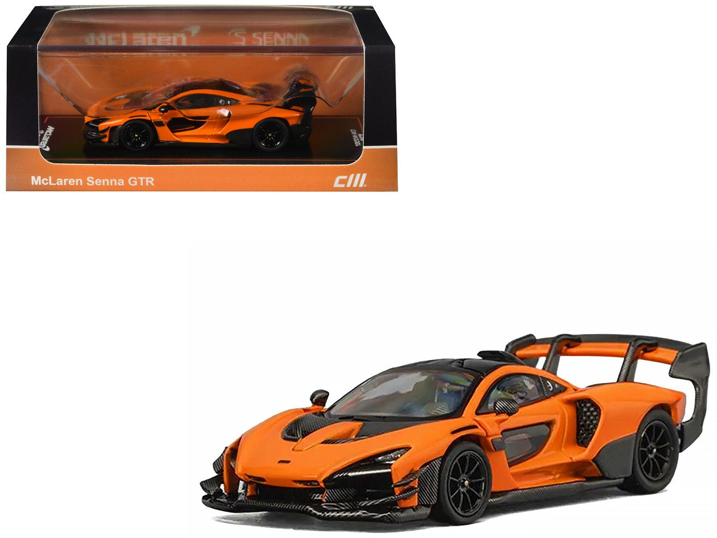McLaren Senna GTR Orange Metallic with Carbon Hood and Black Top 1/64 Diecast Model Car by CM Model free shipping USA
