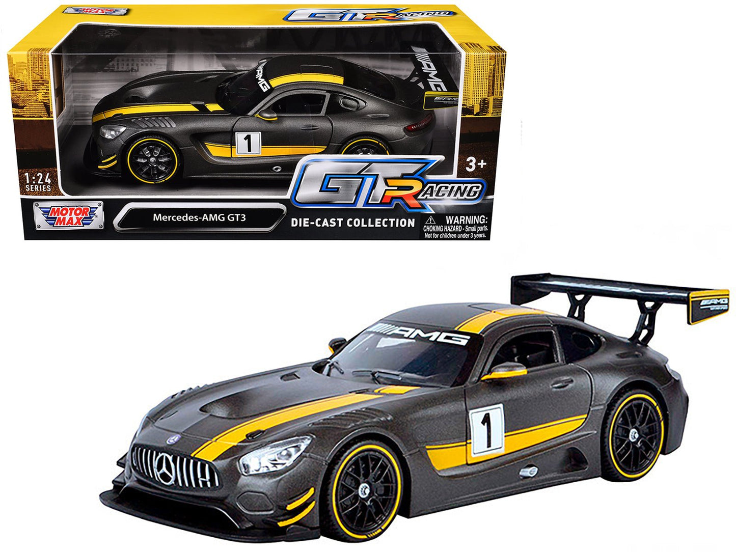 Mercedes AMG GT3 #1 Matt Gray with Yellow Stripes "GT Racing" 1/24 Diecast Model Car by Motormax free shipping USA
