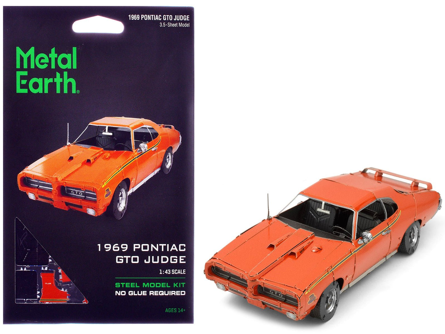 Model Kit 1969 Pontiac GTO Judge Orange with Black Stripes (Moderate Difficulty) Steel Model by Metal Earth free shipping USA