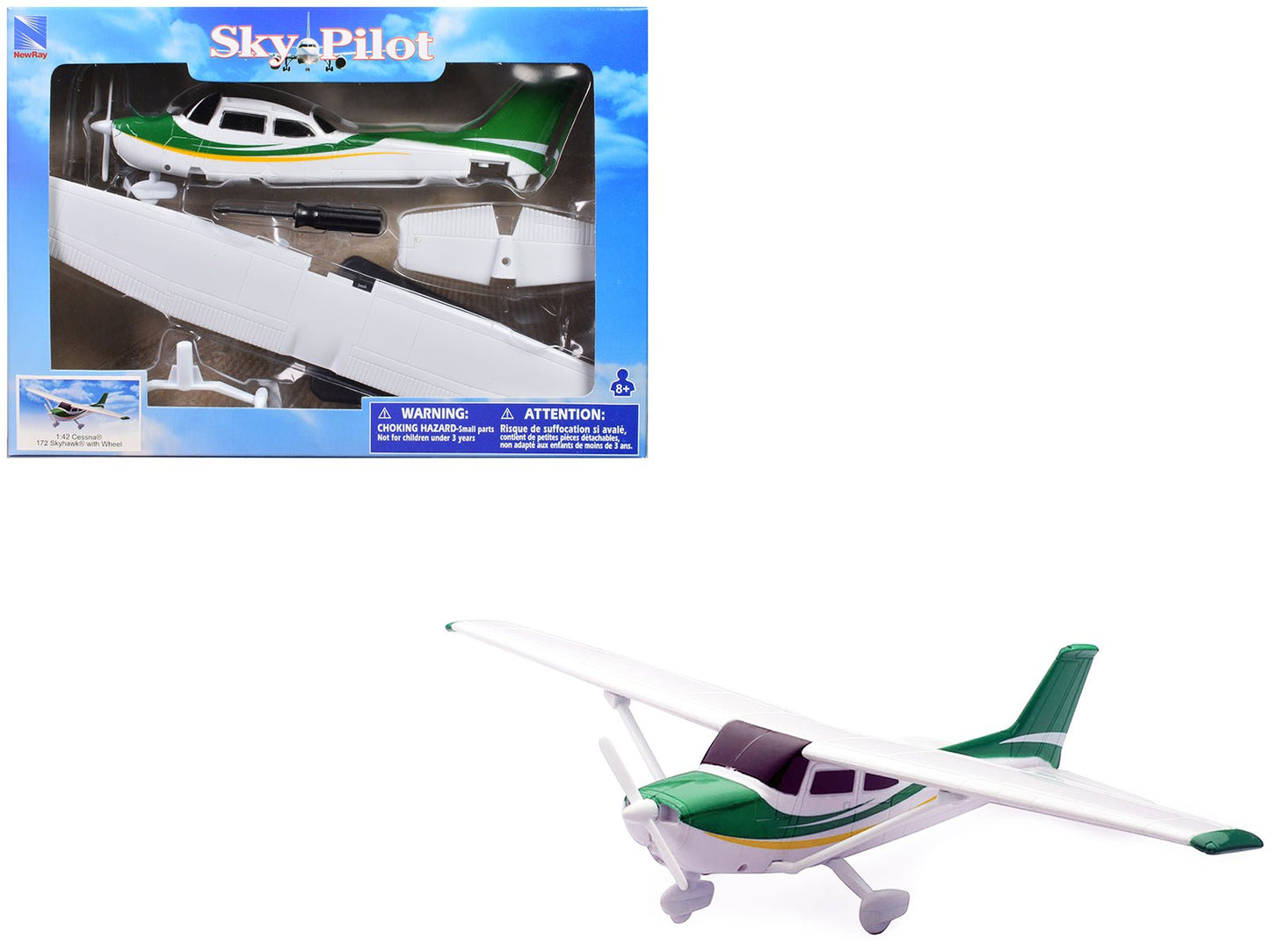 Model Kit Cessna 172 Skyhawk Aircraft White with Green and Yellow Stripes "Sky Pilot" Series 1/42 Plastic Model Kit by New Ray free shipping USA