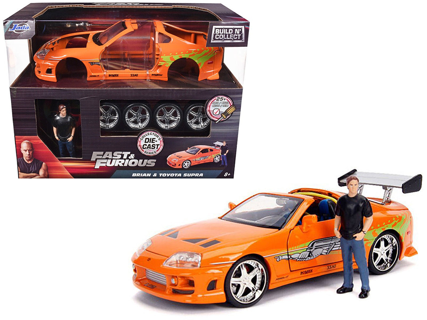 Model Kit Toyota Supra Metallic Orange with Brian Diecast Figure "Fast & Furious" Movie "Build N' Collect" 1/24 Diecast Model Car by Jada free shipping USA