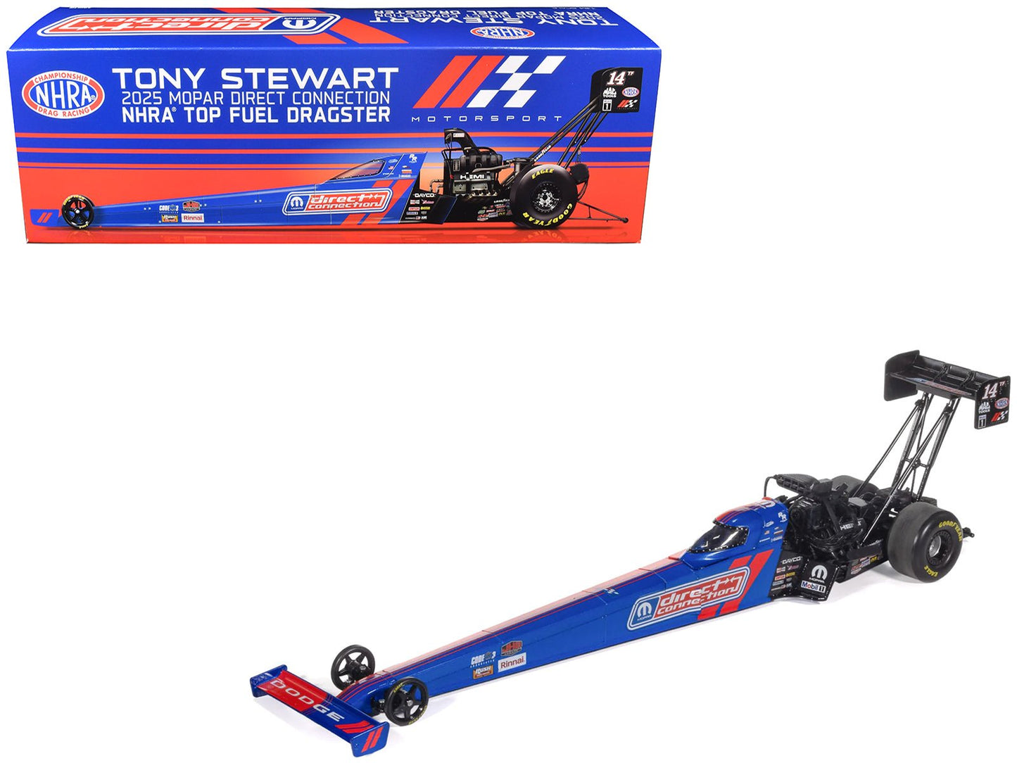 NHRA TFD (Top Fuel Dragster) #14TF Tony Stewart "MOPAR Direct Connection" Blue and Red (2025) 1/24 Diecast Model by Auto World free shipping USA