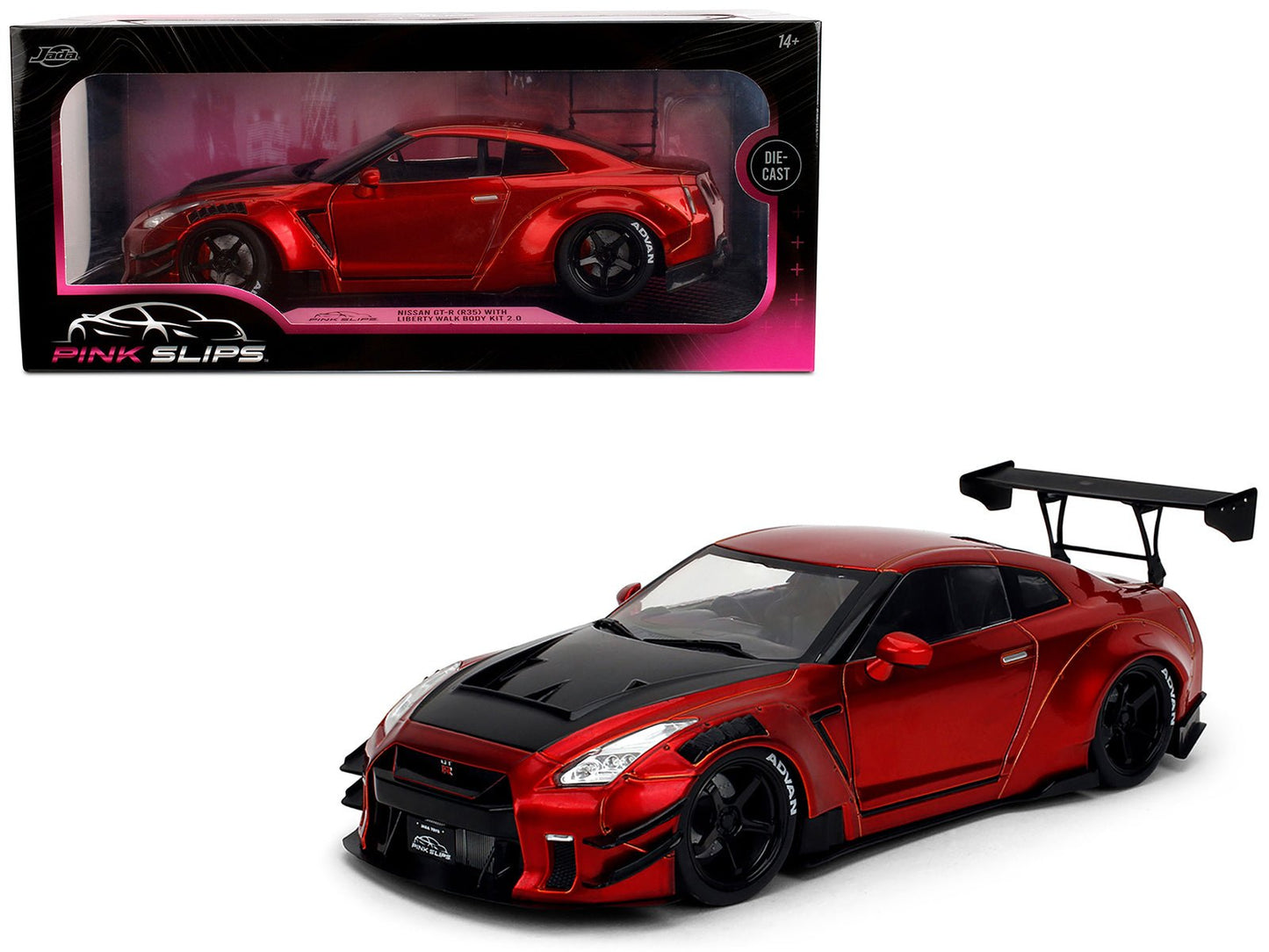 Nissan GT-R (R35) Liberty Walk Body Kit 2.0 RHD (Right Hand Drive) Red Metallic with Carbon Hood "Pink Slips" Series 1/18 Diecast Model Car by Jada free shipping USA
