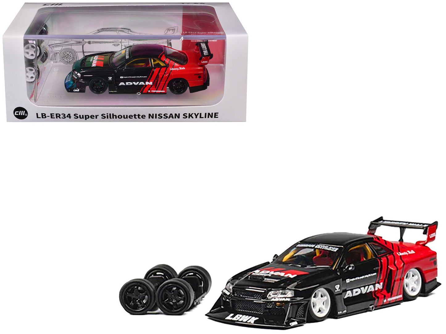 Nissan Skyline LB-ER34 "Super Silhouette" RHD (Right Hand Drive) "ADVAN" Black and Red with Extra Wheels 1/64 Diecast Model Car by CM Model free shipping USA