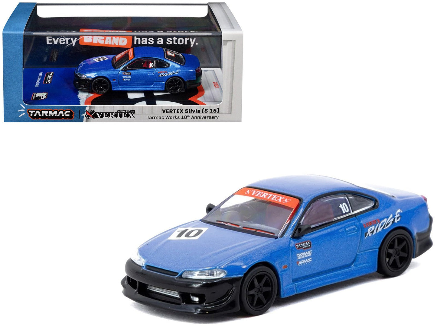 Nissan Vertex Silvia (S15) RHD (Right Hand Drive) #10 "Tarmac Works 10th Anniversary" Blue Metallic "Global64" 1/64 Diecast Model Car by Tarmac Works free shipping USA