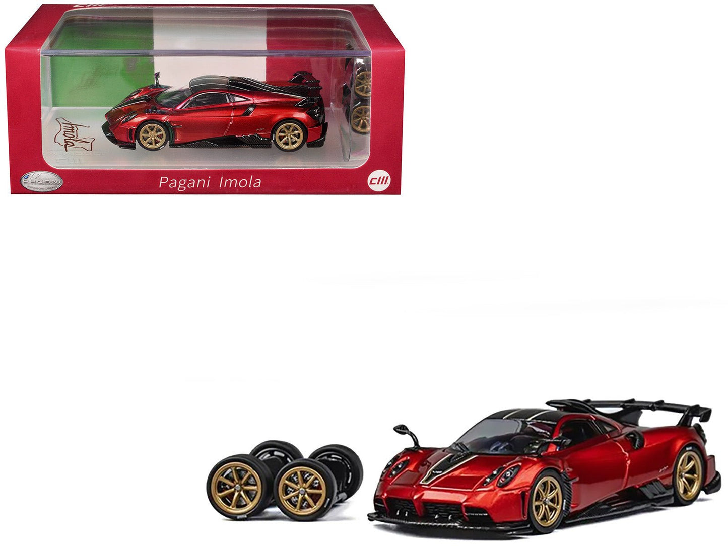 Pagani Imola Red Metallic with Carbon Top and Stripes with Extra Wheels 1/64 Diecast Model Car by CM Model free shipping USA