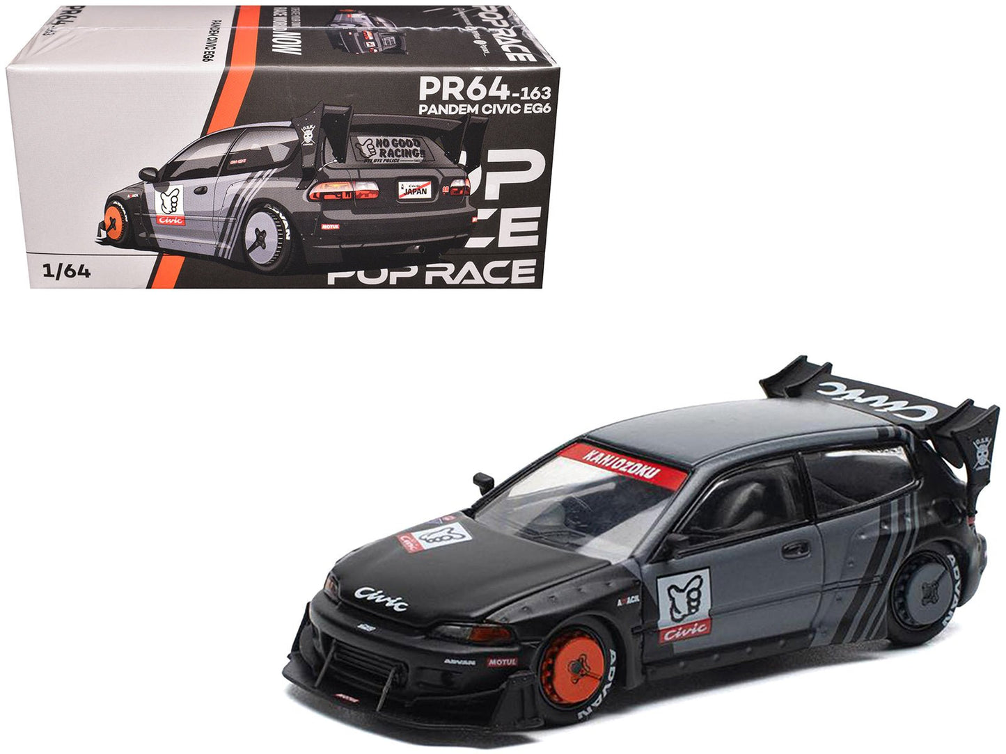 Pandem Civic EG6 RHD (Right Hand Drive) "Kanjozoku" Matt Black and Gray with Graphics 1/64 Diecast Model Car by Pop Race free shipping USA
