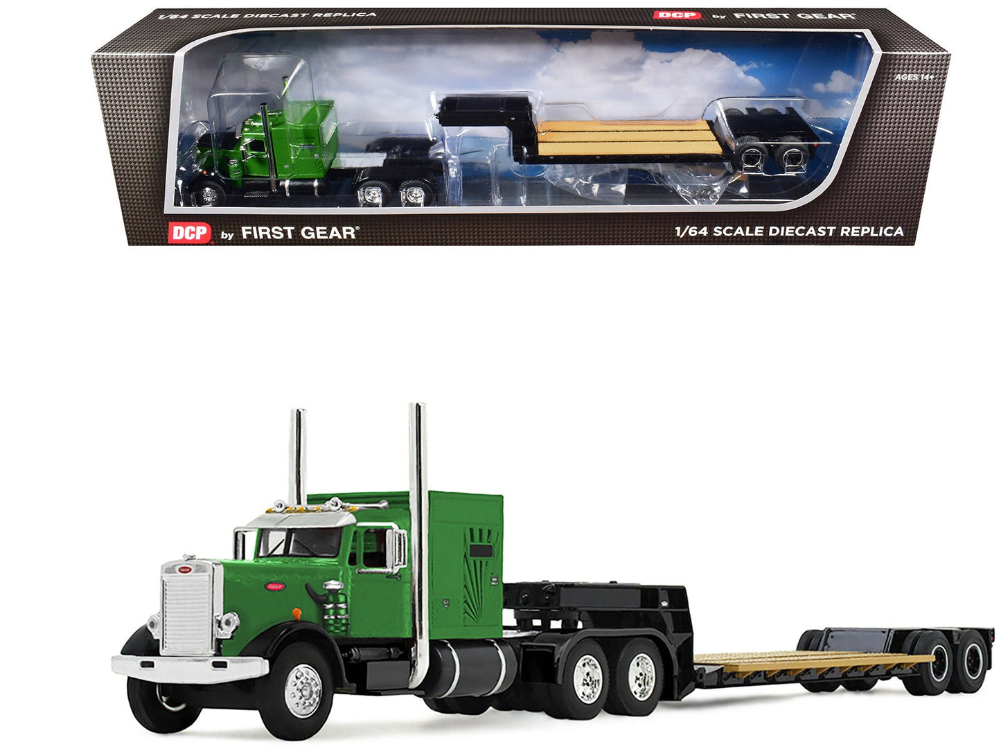 Peterbilt 351 with 60" Vintage Sleeper and Rogers Vintage Lowboy Trailer Green with Black Trailer 1/64 Diecast Model by DCP/First Gear free shipping USA