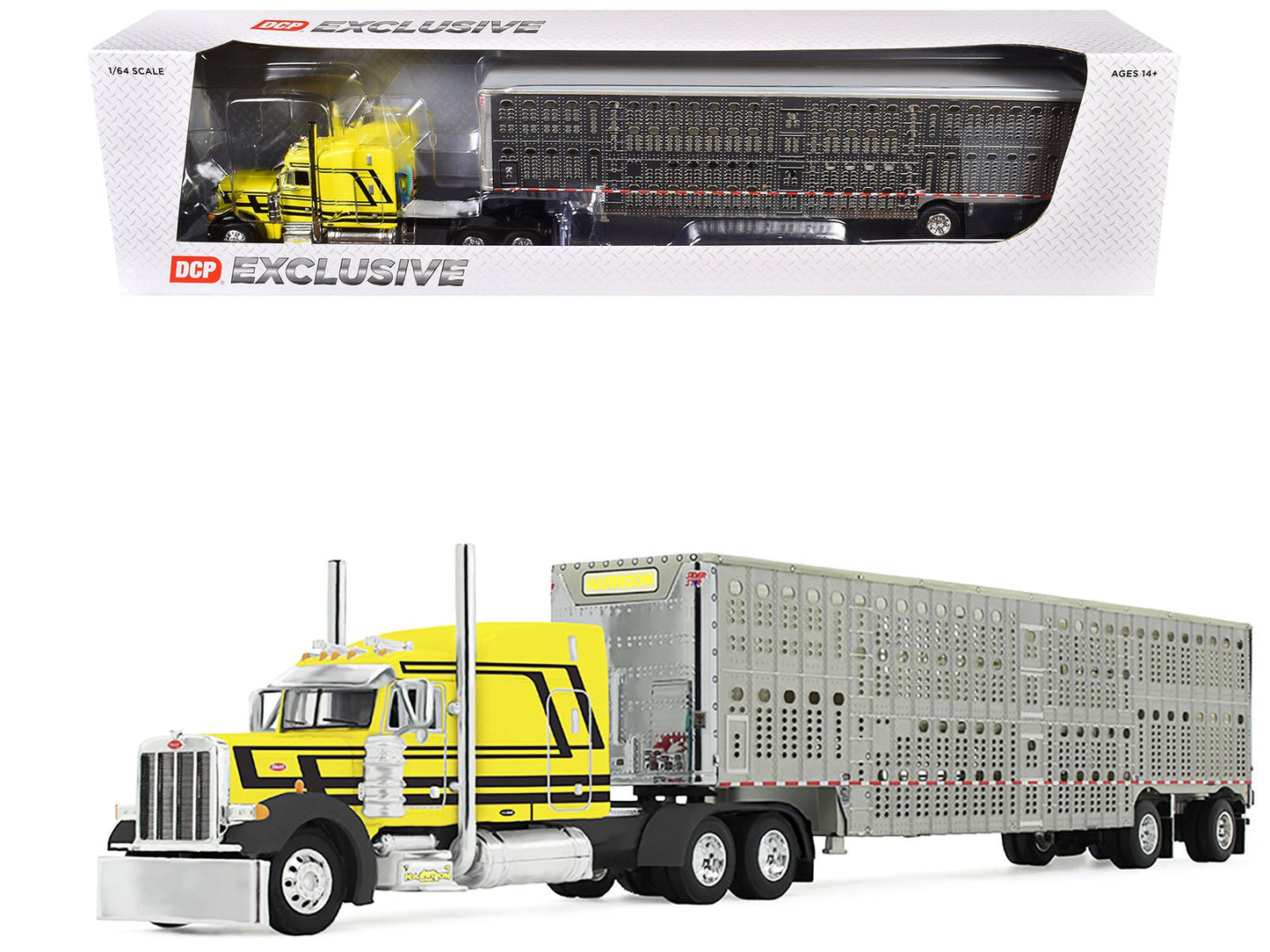 Peterbilt 379 with 63" Mid-Roof Sleeper and Wilson Silverstar Livestock Trailer "Harrison Trucking" Yellow with Black Stripes 1/64 Diecast Model by DCP/First Gear free shipping USA