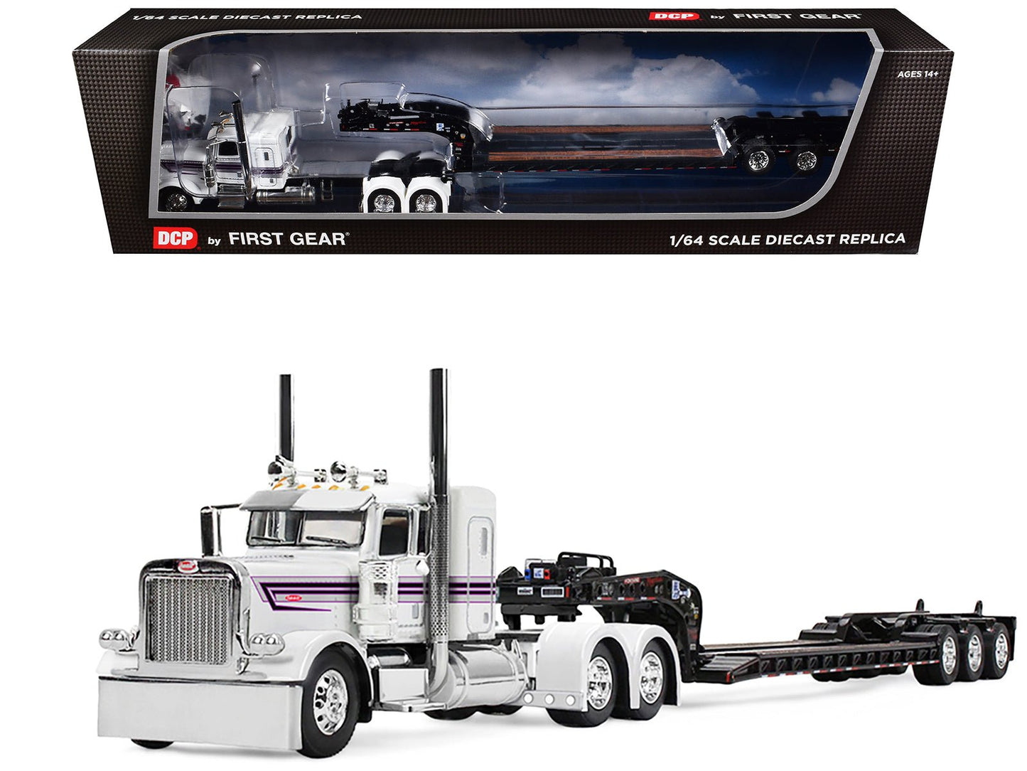 Peterbilt 389 with 36" Flat Top Sleeper and Fontaine Magnitude Lowboy Trailer White with Black Stripes 1/64 Diecast Model by DCP/First Gear free shipping USA