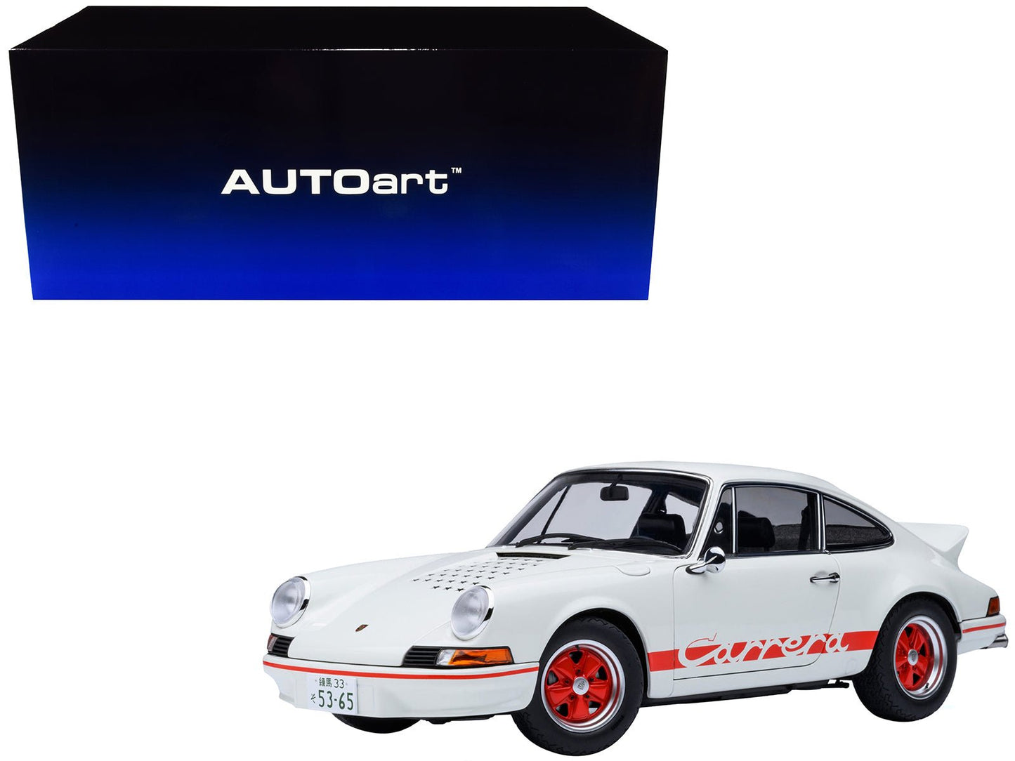 Porsche 911 Carrera 2.7 RS "The Circuit Wolf" White with Red Stripes and Wheels with Hood Graphics 1/18 Model Car by Autoart free shipping USA