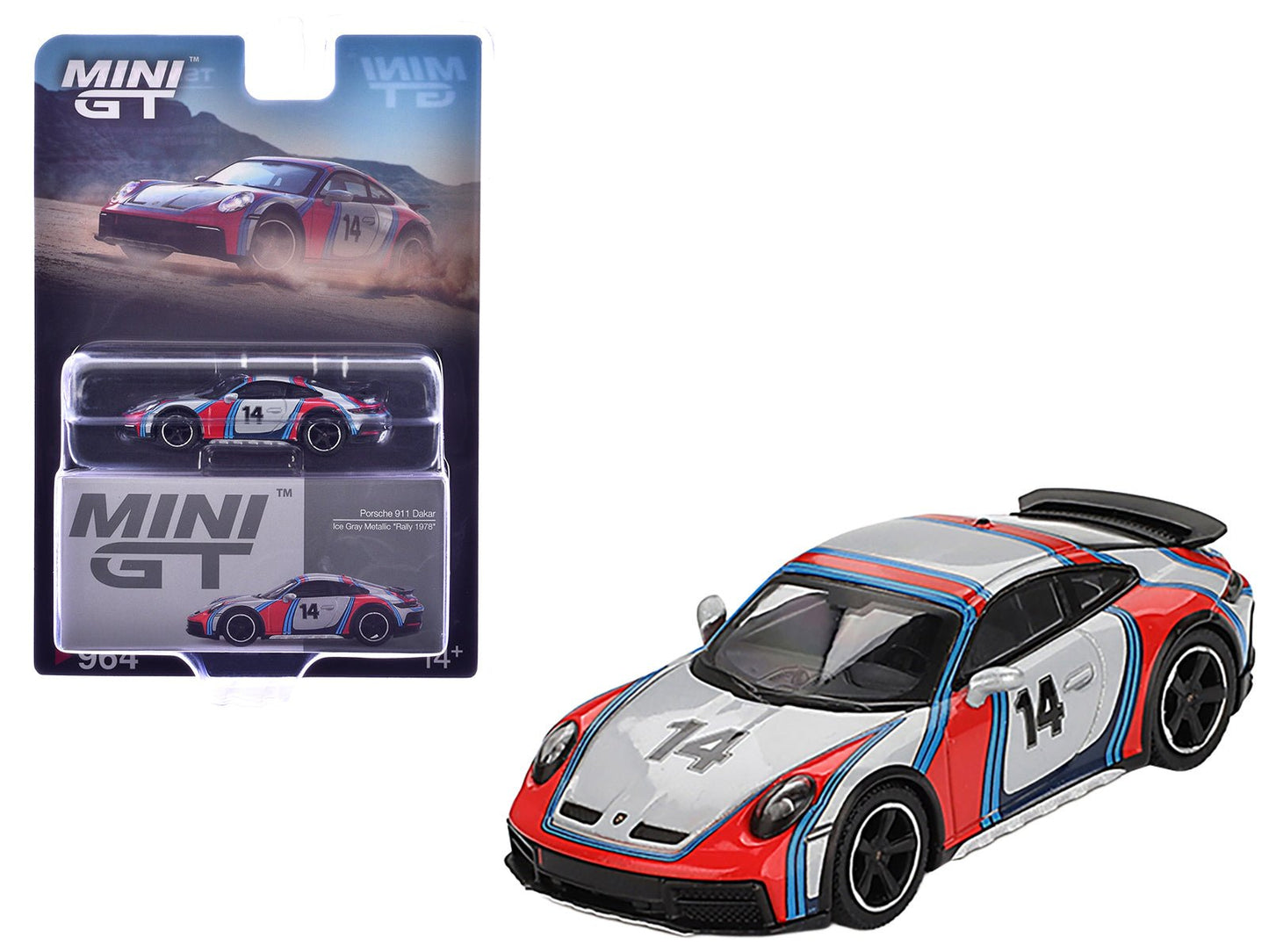 Porsche 911 Dakar #14 "Rally 1978" Ice Gray Metallic Limited Edition 1/64 Diecast Model Car by Mini GT free shipping USA