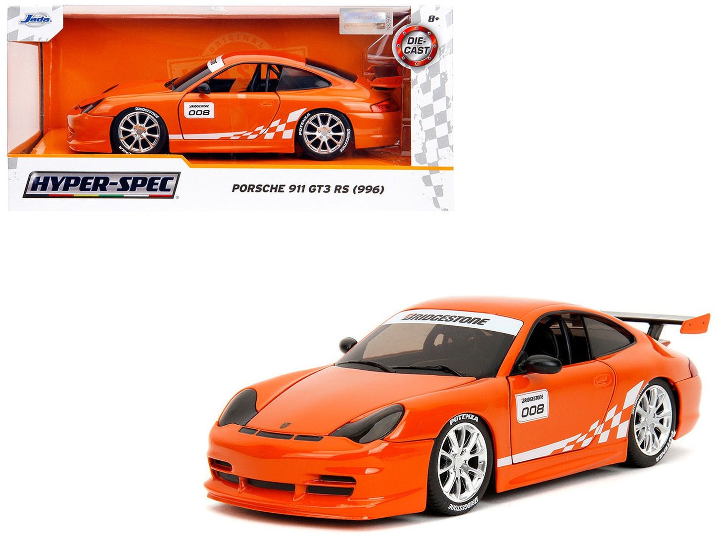 Porsche 911 GT3 RS (996) #008 "Bridgestone" Orange Metallic with White Graphics "Hyper-Spec" Series 1/24 Diecast Model Car by Jada free shipping USA