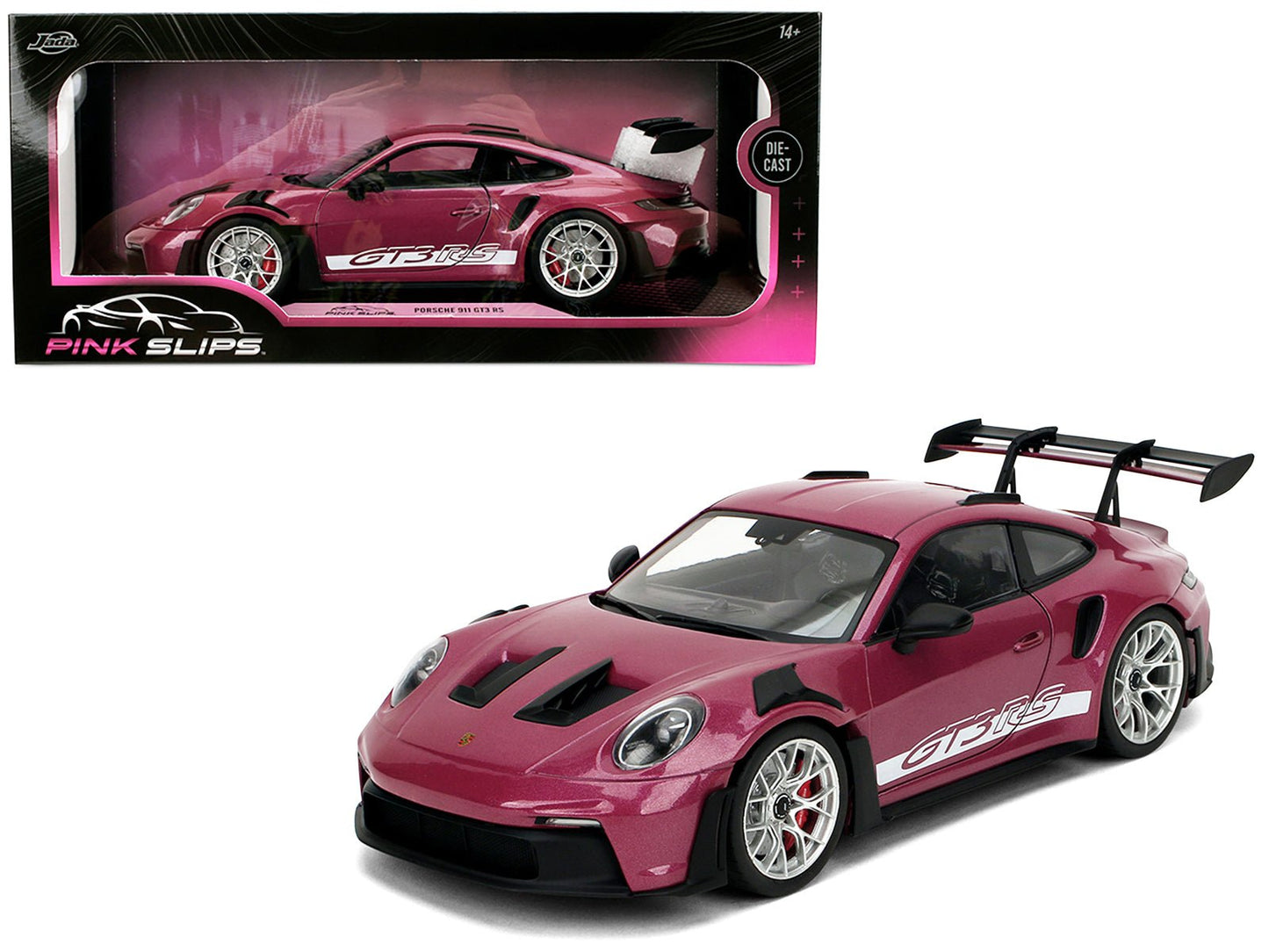 Porsche 911 GT3 RS Red Violet Metallic with White Stripes "Pink Slips" Series 1/18 Diecast Model Car by Jada free shipping USA