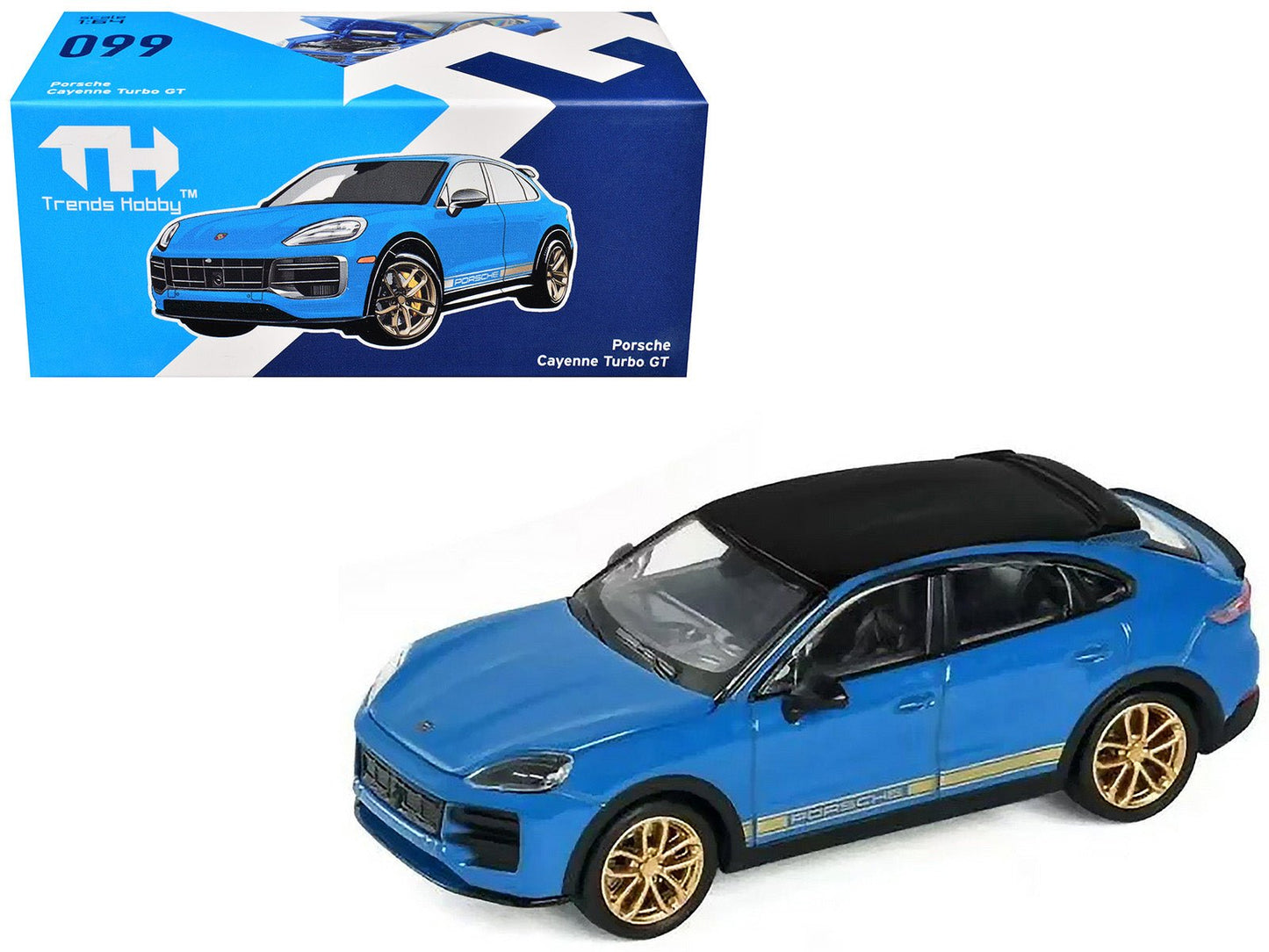Porsche Cayenne Turbo GT Blue with Black Top and Gold Stripes 1/64 Diecast Model Car by Trends Hobby free shipping USA