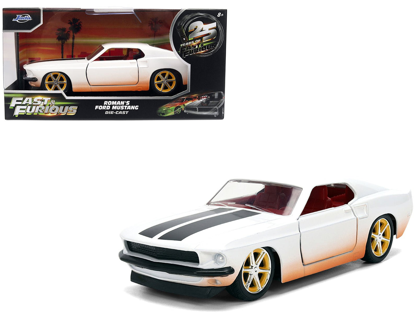 Roman's Ford Mustang White with Black Stripes and Red Interior (Dirty Version) "Fast & Furious" Movie "Fast & Furious 25th Anniversary" Series 1/32 Diecast Model Car by Jada free shipping USA