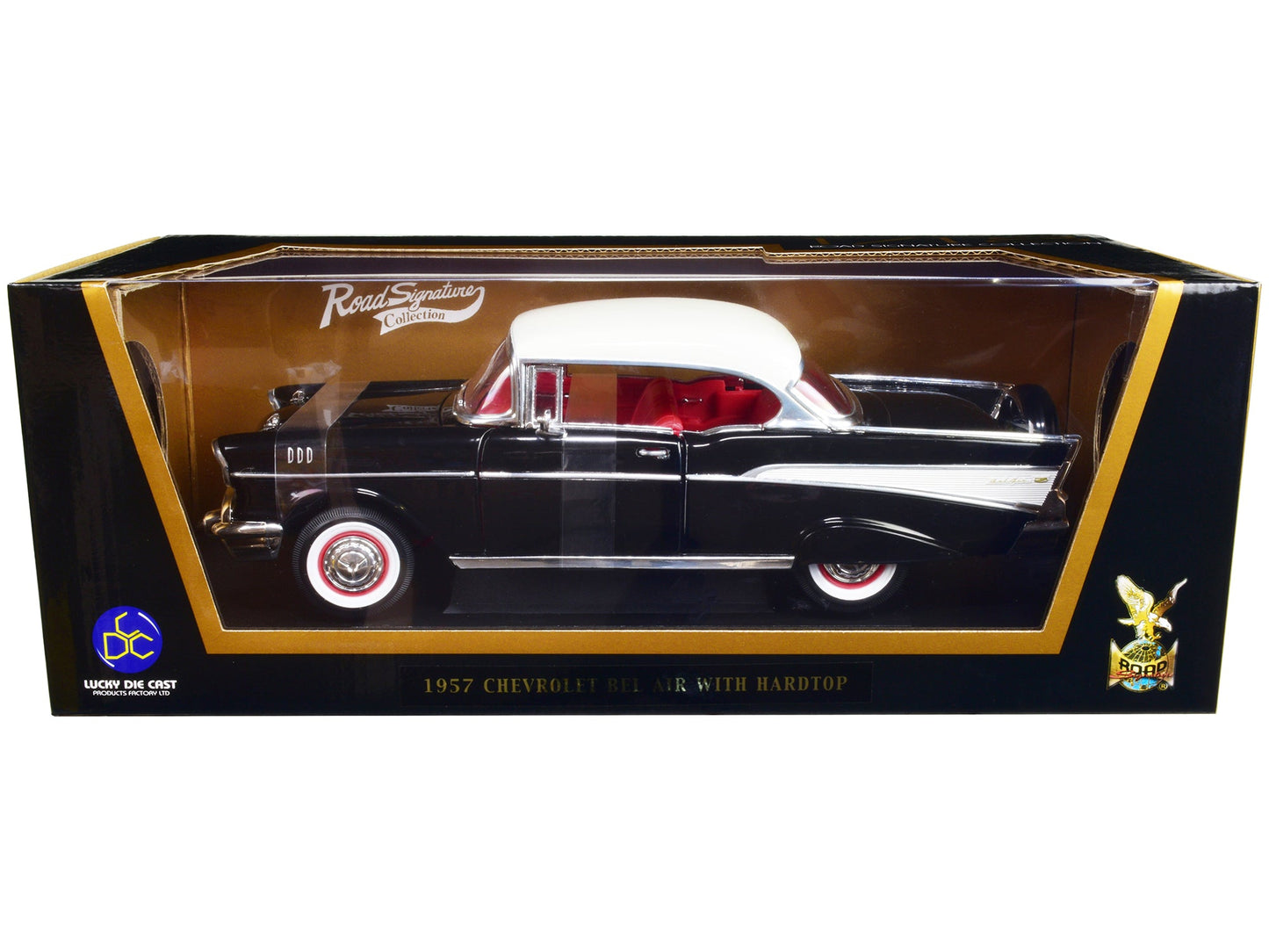 1957 Chevrolet Bel Air Hardtop Black with White Top and Red Interior 1/18 Diecast Model Car by Road Signature free shipping USA