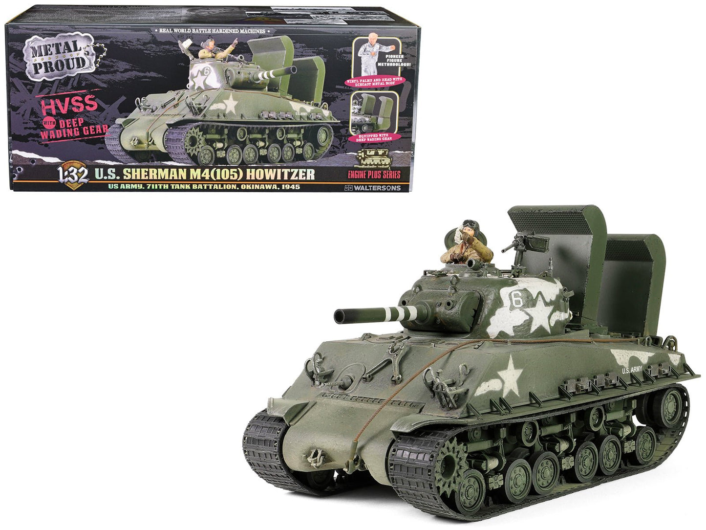 Sherman M4 (105) Howitzer Medium Tank "US Army 711th Tank Battalion Okinawa" (1945) "Engine Plus" Series 1/32 Diecast Model by Metal Proud free shipping USA