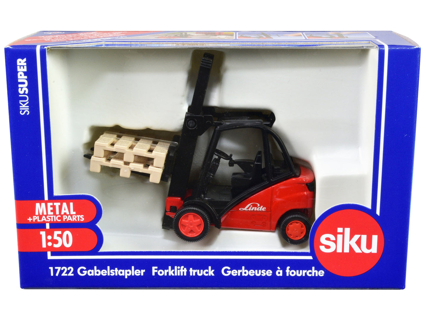 Linde Forklift Truck Red with 2 Pallet Accessories 1/50 Diecast Model by Siku free shipping USA