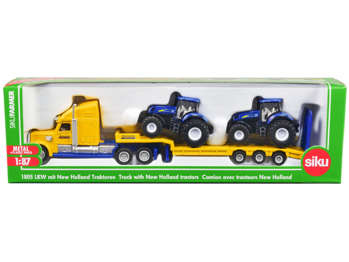 Tractor Truck Yellow with 2 New Holland T7070 Tractors Blue 1/87 (HO) Diecast Models by Siku free shipping USA