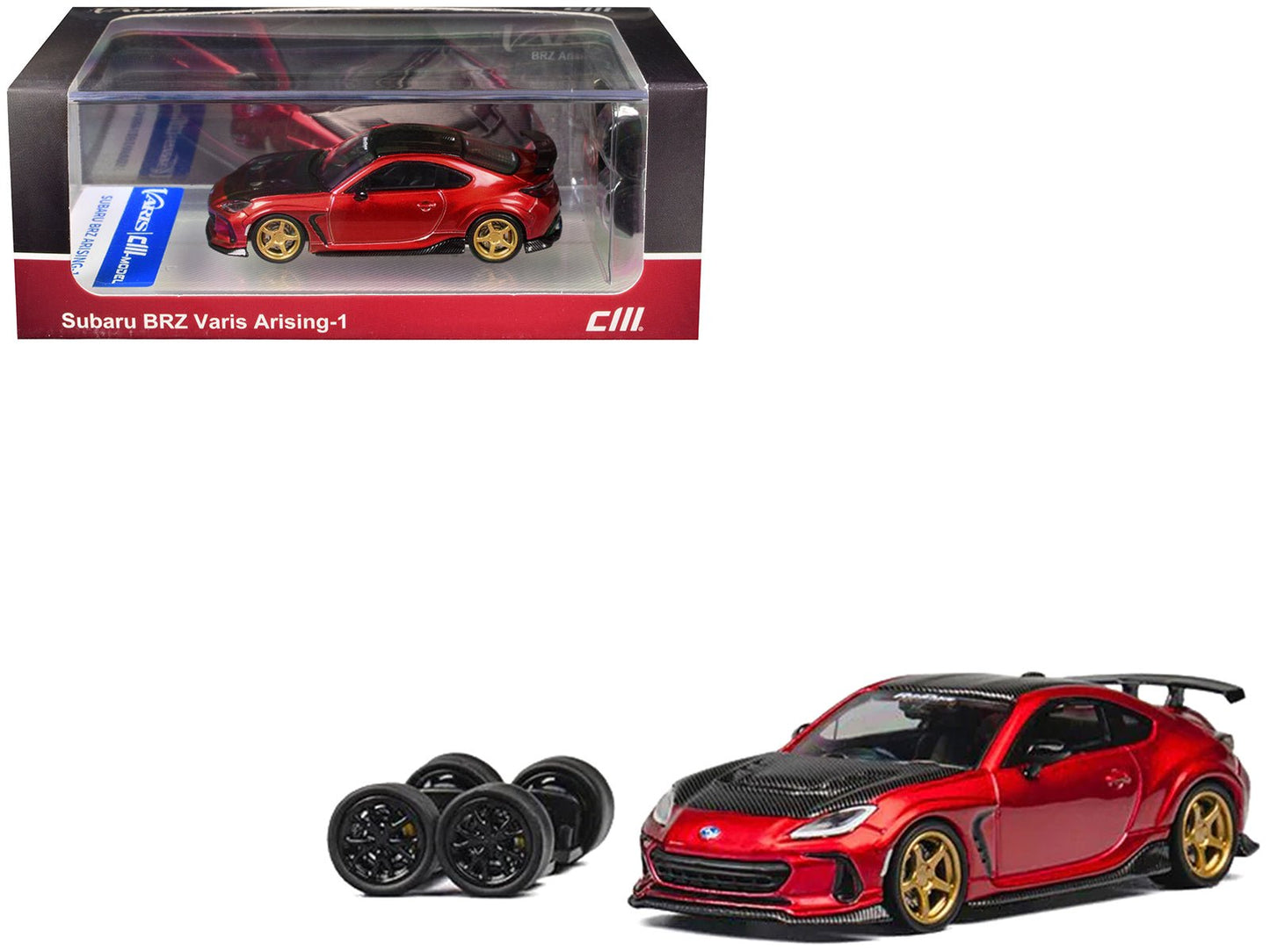 Subaru BRZ Varis Arising-1 RHD (Right Hand Drive) Red Metallic with Carbon Hood and Top and Extra Wheels 1/64 Diecast Model Car by CM Model free shipping USA