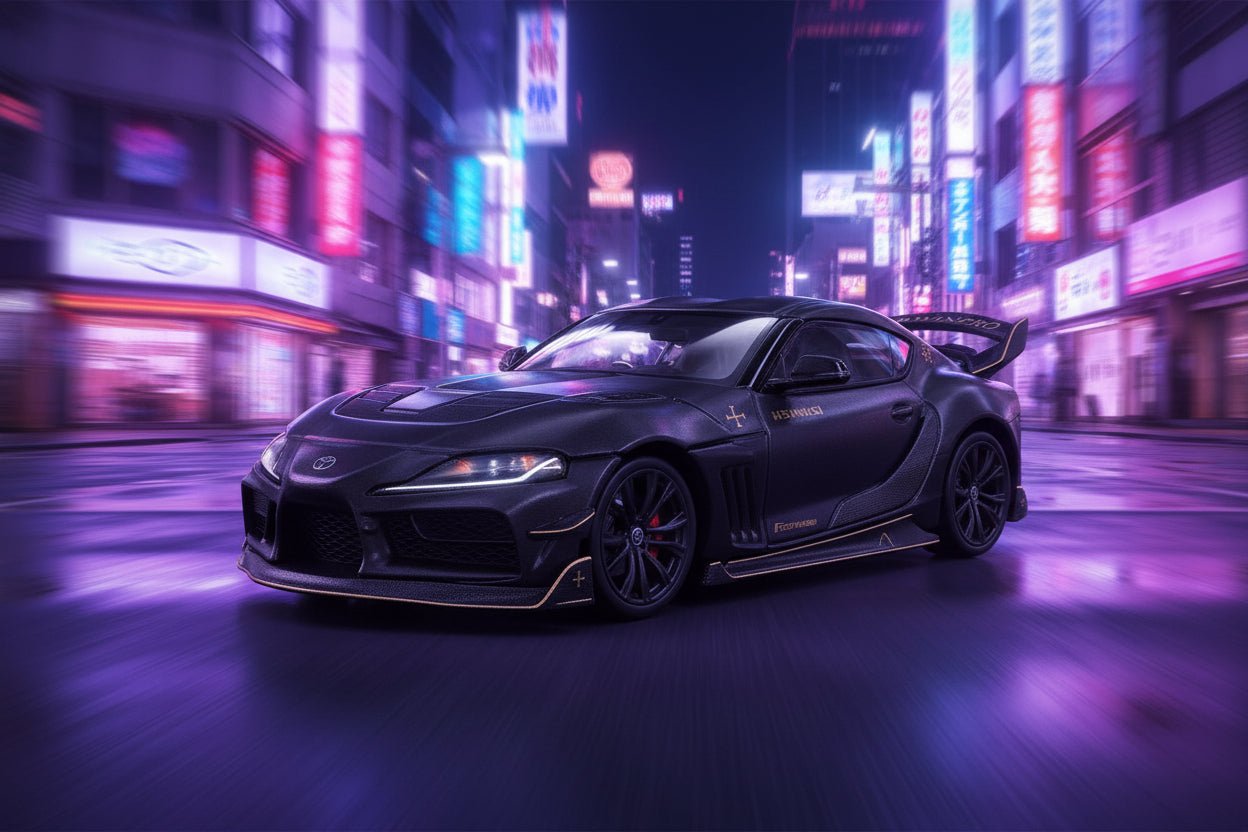 Toyota Supra DarwinPro Black with Gold Accents "Enigma Exclusive Edition" 1/64 Diecast Model Car by Pop Race free shipping USA
