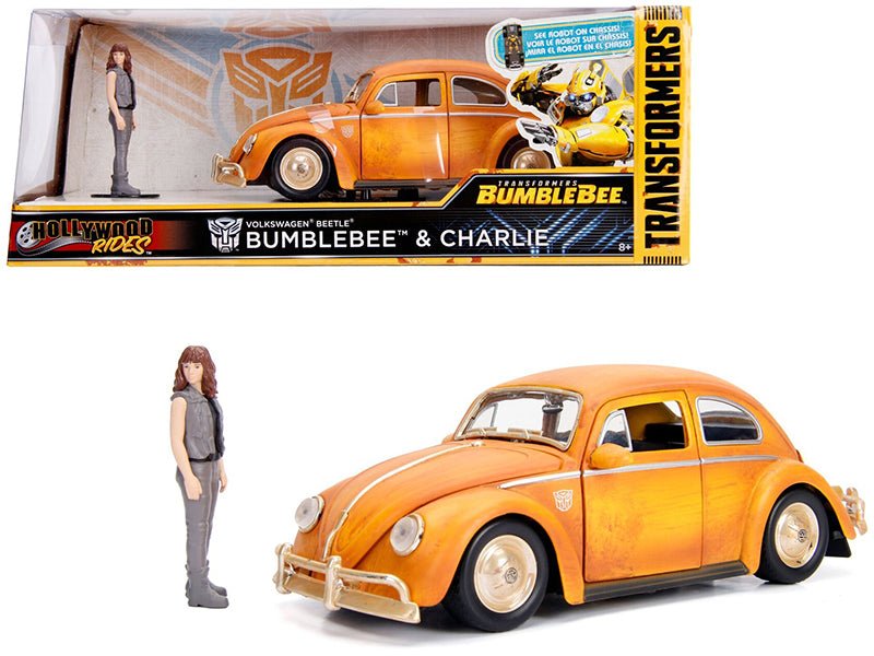Volkswagen Beetle Weathered Yellow with Robot on Chassis and Charlie Diecast Figurine "Bumblebee" (2018) Movie ("Transformers" Series) "Hollywood Rides" Series 1/24 Diecast Model Car by Jada free shipping USA