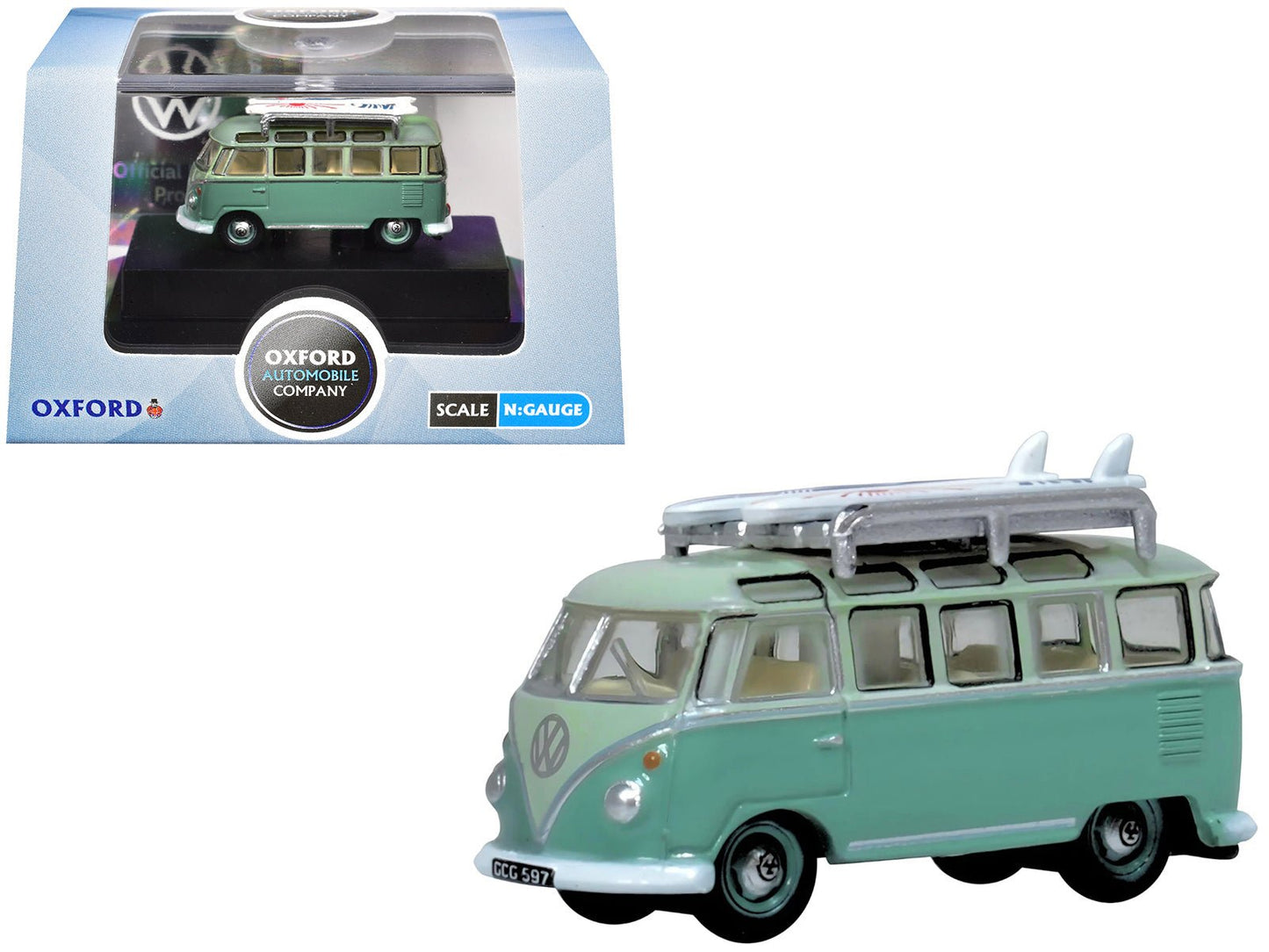 Volkswagen T1 Samba Bus RHD (Right Hand Drive) Green Two-Tone with Surfboards on Roof Rack 1/148 (N) Scale Diecast Model Car by Oxford Diecast free shipping USA