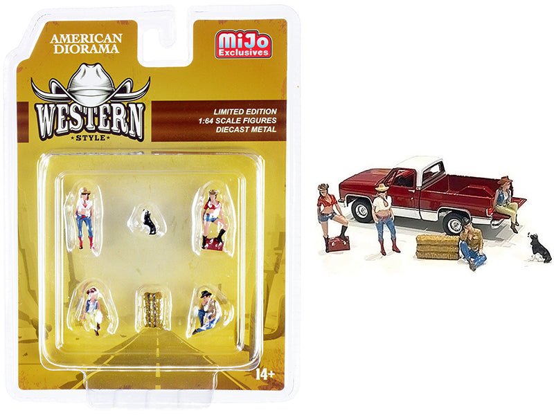 "Western Style" 6 piece Diecast Set (4 Figurines and 2 Accessories) for 1/64 Scale Models by American Diorama free shipping USA