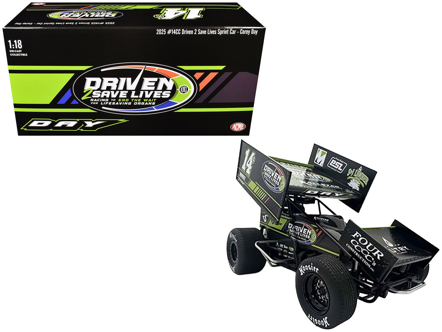 Winged Sprint Car #14CC Corey Day (Green Version) "Driven 2 Save Lives" Jason Meyers Racing (2025) 1/18 Diecast Model Car by ACME free shipping USA