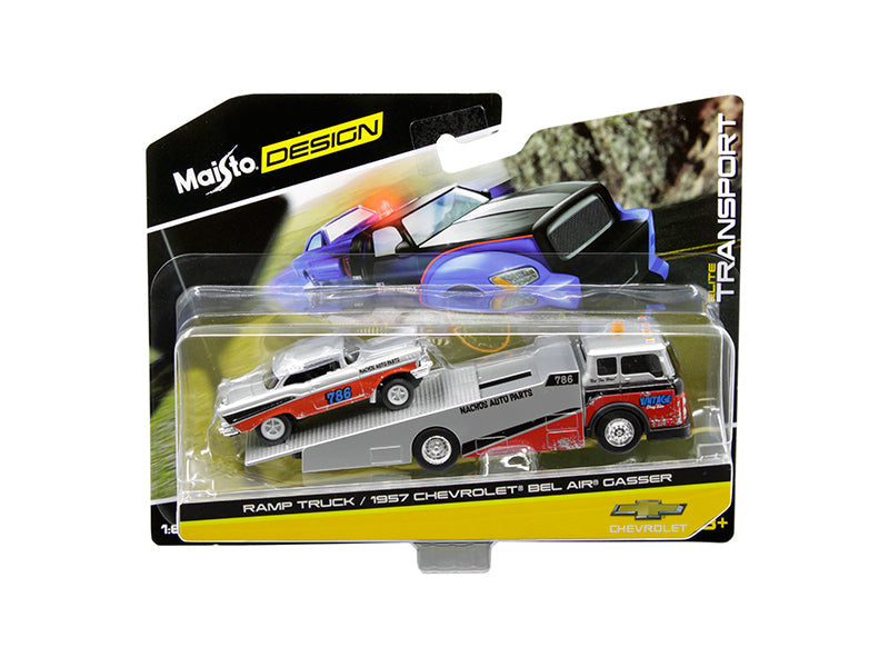 1957 Chevrolet Bel Air Gasser #786 Silver and Red with Ramp Tow Truck "Elite Transport" 1/64 Diecast Models by Maisto  free shipping USA