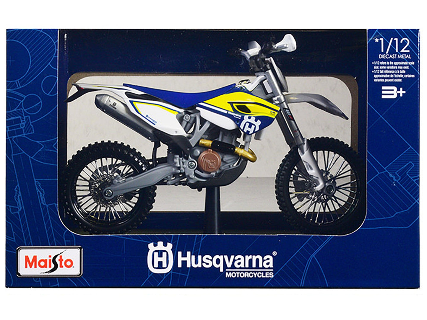 Husqvarna FE 501 White and Blue with Yellow Stripes 1/12 Diecast Motorcycle Model by Maisto  free shipping USA