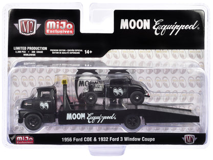 1956 Ford COE Ramp Truck Matt Black and 1932 Ford 3 Window Coupe Matt Black "Mooneyes" Limited Edition to 3300 pieces Worldwide 1/64 Diecast Model by M2 Machines  free shipping USA