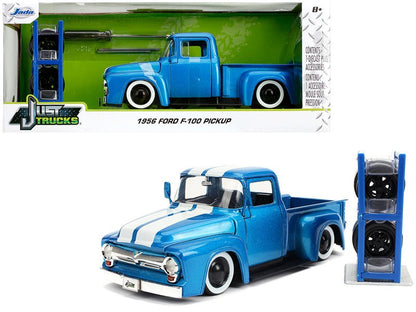1956 Ford F-100 Pickup Truck Blue Metallic with White Stripes and Extra Wheels "Just Trucks" Series 1/24 Diecast Model Car by Jada  free shipping USA