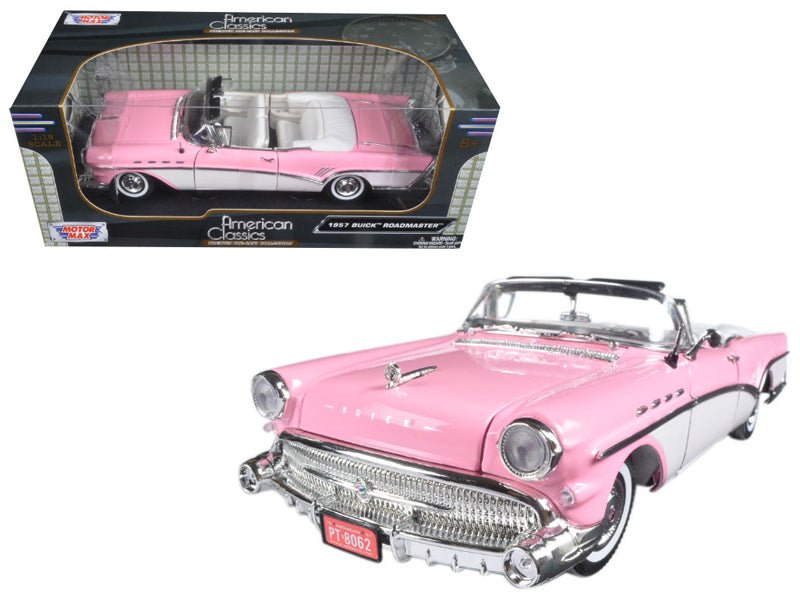 1957 Buick Roadmaster Convertible Pink and White 1/18 Diecast Model Car by Motormax  free shipping USA