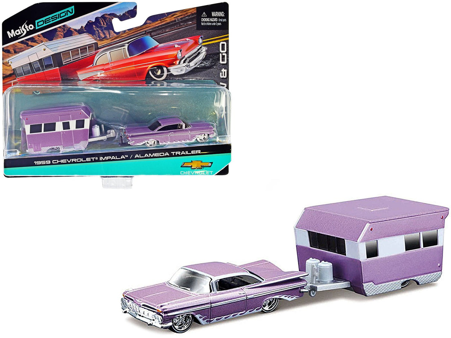 1959 Chevrolet Impala Purple Metallic with White Graphics and Alameda Trailer Purple Metallic and White "Tow & Go" Series 1/64 Diecast Model Car by Maisto  free shipping USA