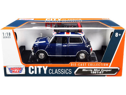 1961-1967 Morris Mini Cooper RHD (Right Hand Drive) Dark Blue with British Flag on the Top and Roof Rack "City Classics" Series 1/18 Diecast Model Car by Motormax  free shipping USA
