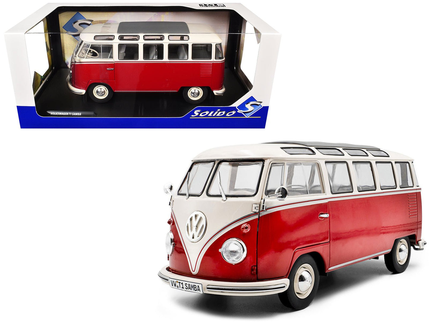 1962 Volkswagen T1 Samba Bus Red and White 1/18 Diecast Model Car by Solido  free shipping USA