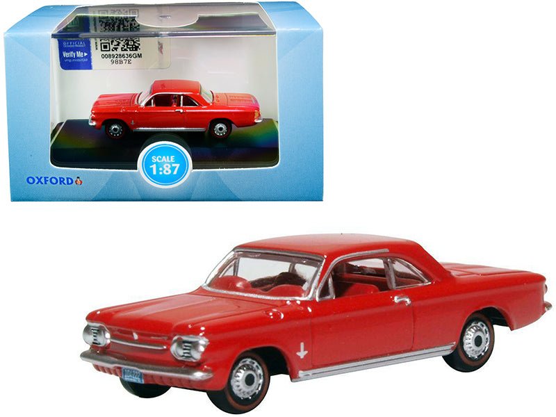 1963 Chevrolet Corvair Coupe Riverside Red with Red Interior 1/87 (HO) Scale Diecast Model Car by Oxford Diecast  free shipping USA