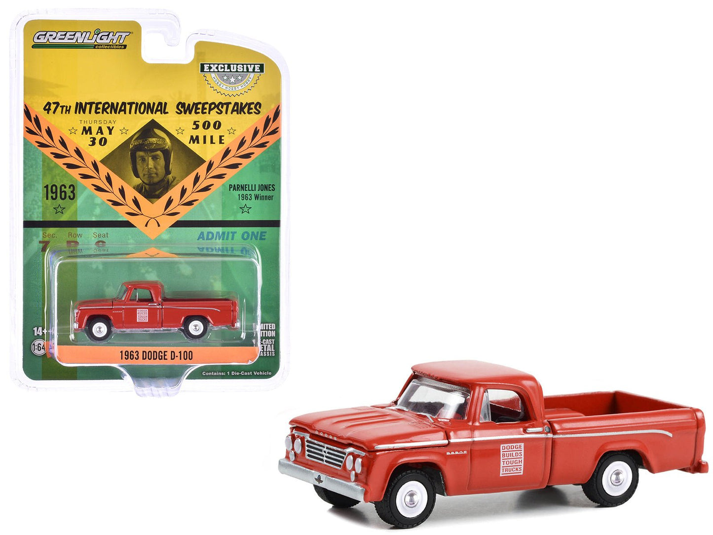 1963 Dodge D-100 Pickup Truck "47th International 500 Mile Sweepstakes - Indianapolis 500 Official Truck" Red "Hobby Exclusive" Series 1/64 Diecast Model Car by Greenlight  free shipping USA