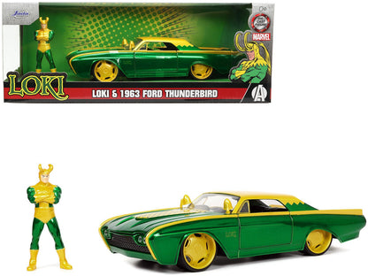 1963 Ford Thunderbird Green and Yellow Metallic with Hood Graphics and Loki Diecast Figure "Loki" "Marvel" Series 1/24 Diecast Model Car by Jada  free shipping USA