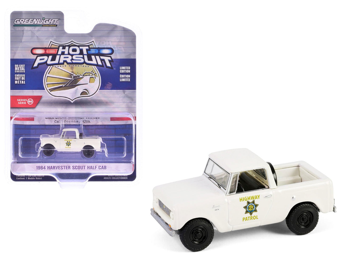 1964 Harvester Scout Half Cab Pickup Truck "California Highway Patrol" Beige "Hot Pursuit" Series 46 1/64 Diecast Model Car by Greenlight  free shipping USA