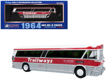 1964 MCI MC-5A Coach Bus "Trailways Chicago" White with Red Stripes "Vintage Bus & Motorcoach Collection" Limited Edition to 504 pieces Worldwide 1/87 (HO) Diecast Model by Iconic Replicas  free shipping USA