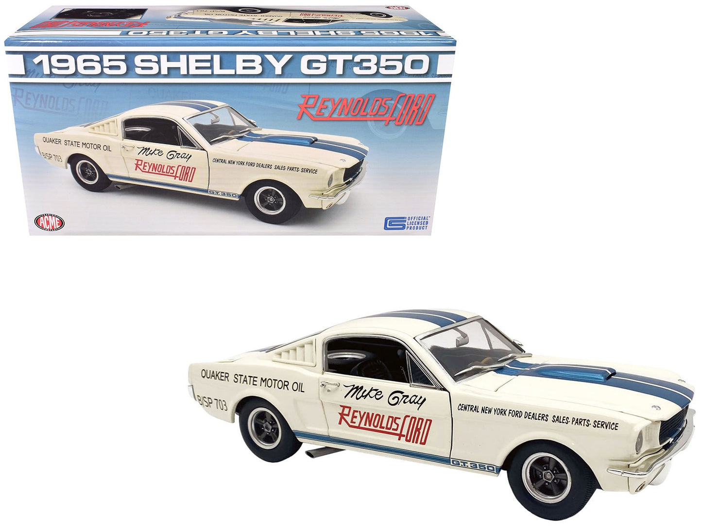 1965 Shelby GT350 "Reynolds Ford" White with Blue Stripes Limited Edition to 204 pieces Worldwide 1/18 Diecast Model Car by ACME  free shipping USA